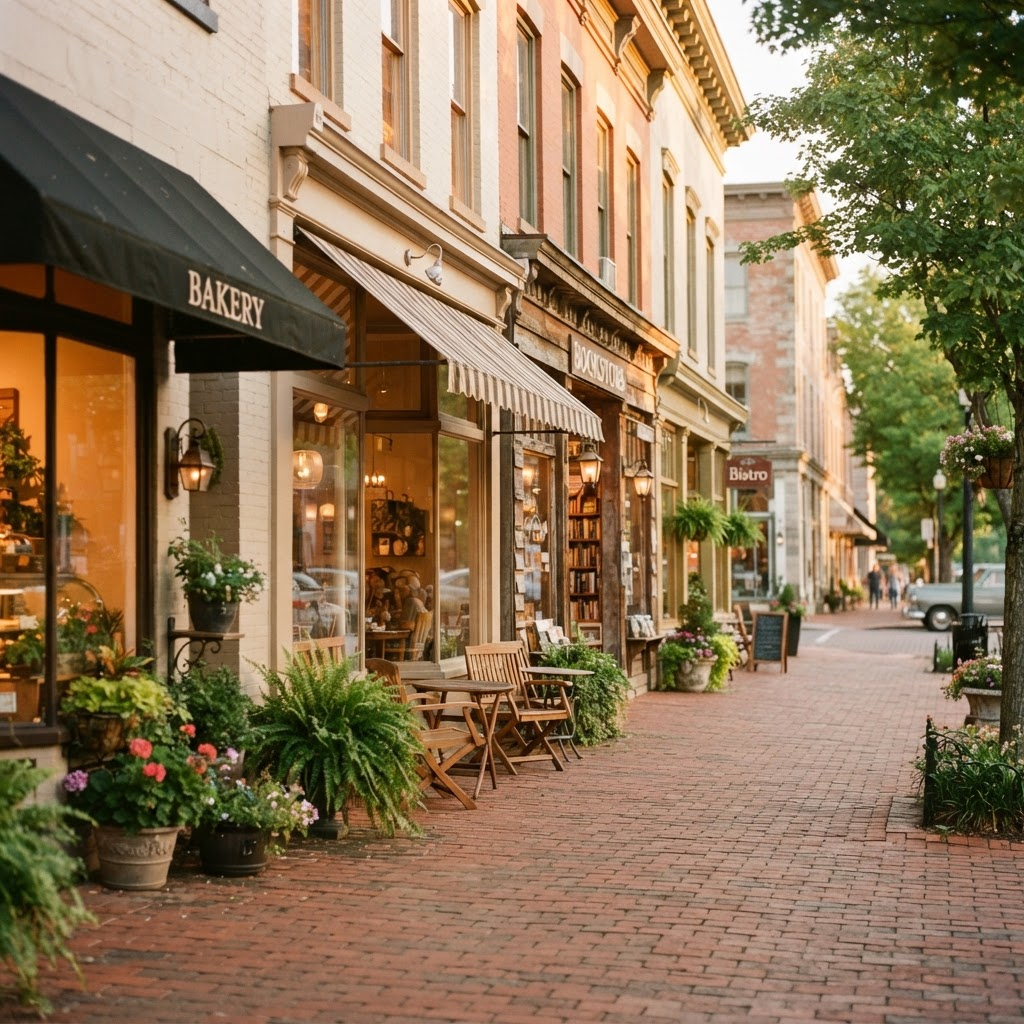 A warm, welcoming Main Street lined with shops and cafes